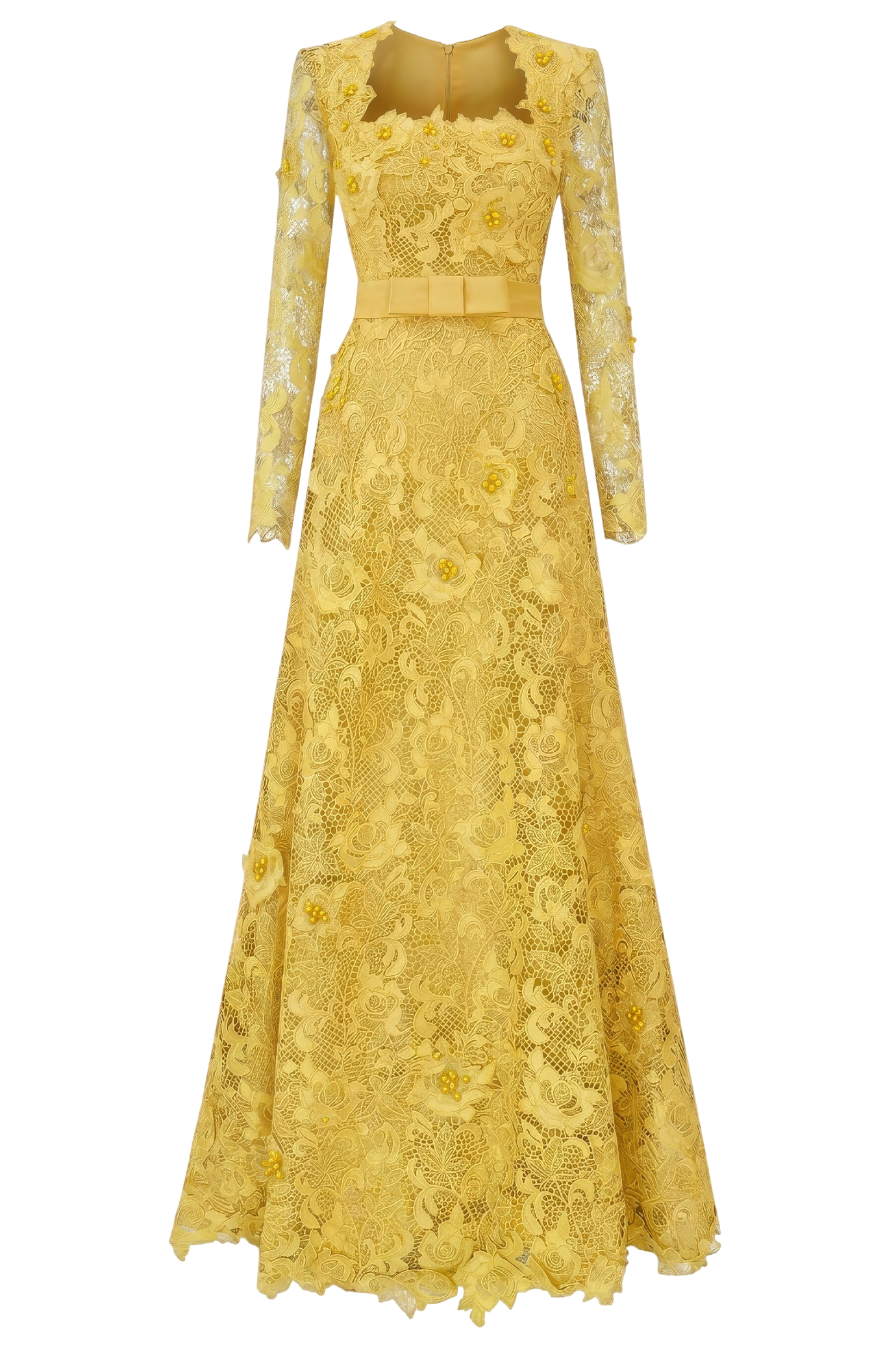 Yellow Square Neck A-line Guipure Gown
