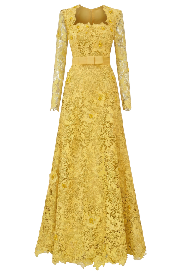 Yellow Square Neck A-line Guipure Gown