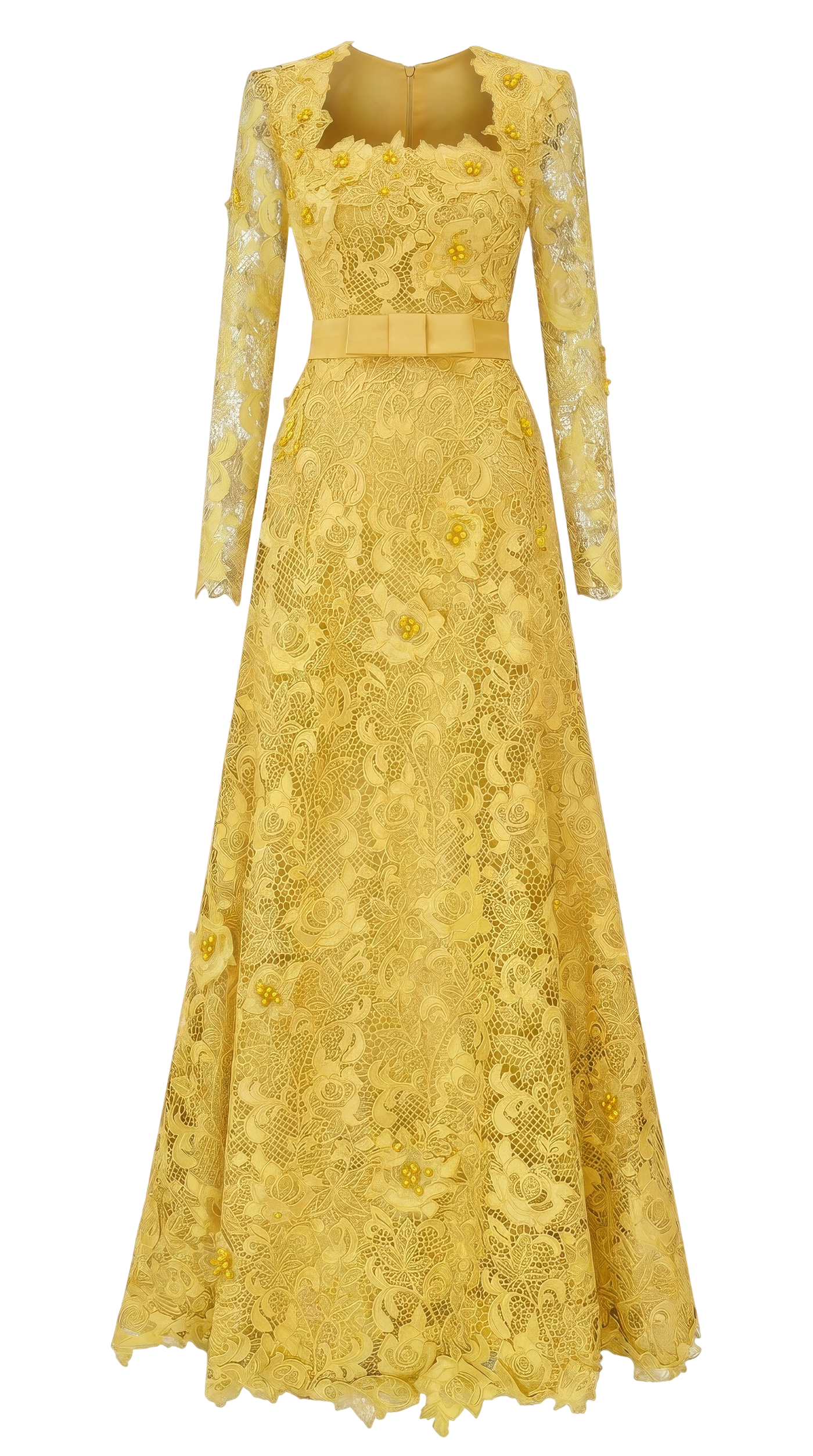 Yellow Square Neck A-line Guipure Gown