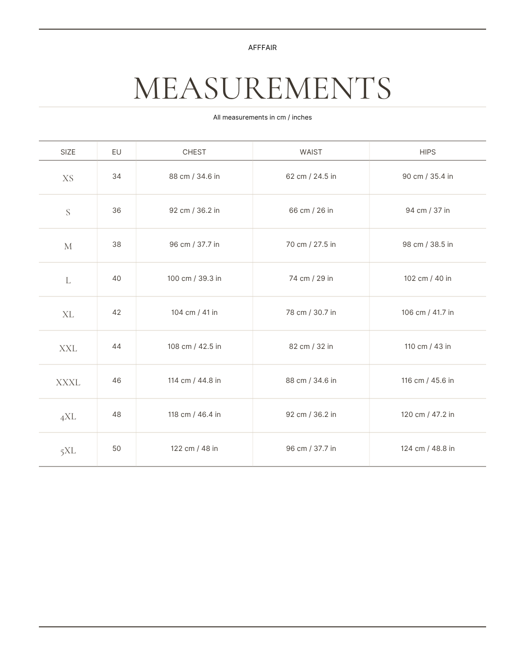 AFFFAIR size chart