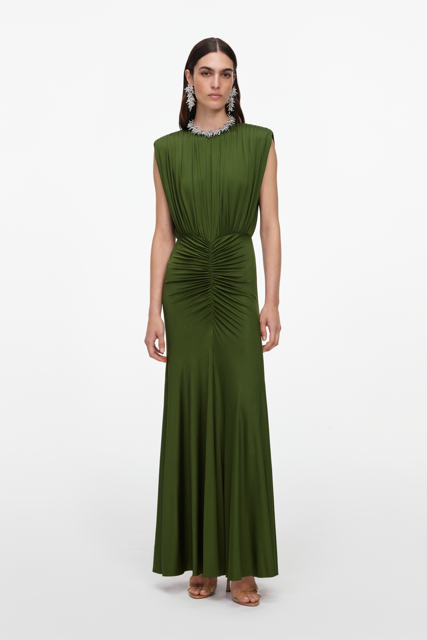Olive Jersey Gathered Maxi Dress