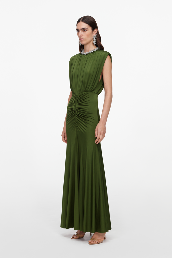 Olive Jersey Gathered Maxi Dress