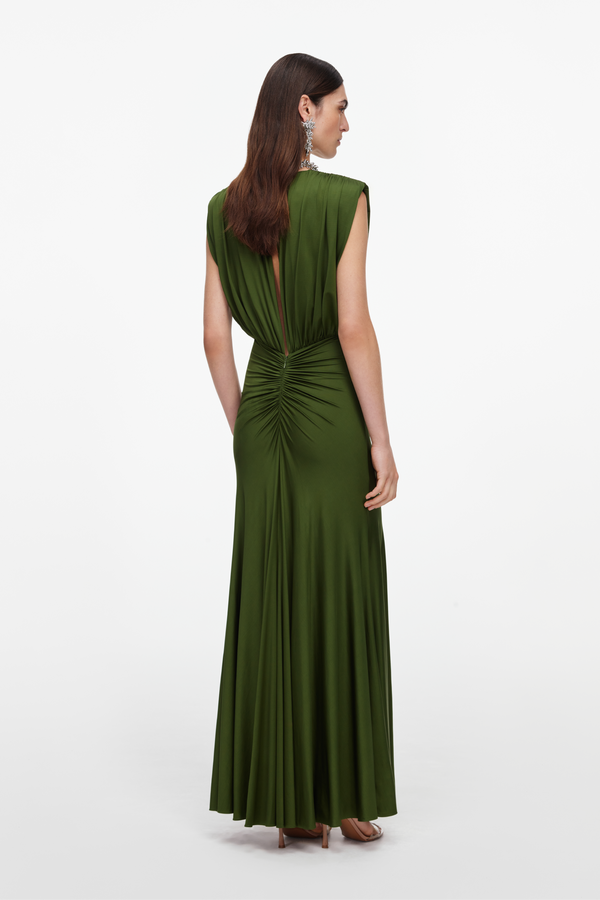 Olive Jersey Gathered Maxi Dress
