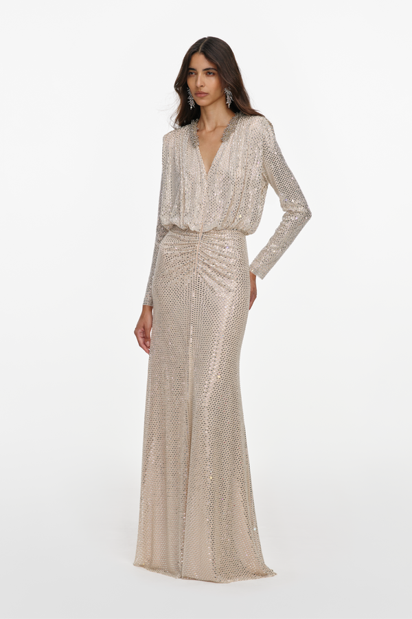 Champagne Rhinestone Embellished Maxi Dress