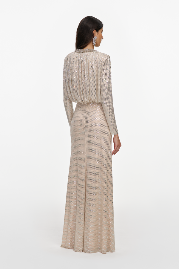 Champagne Rhinestone Embellished Maxi Dress