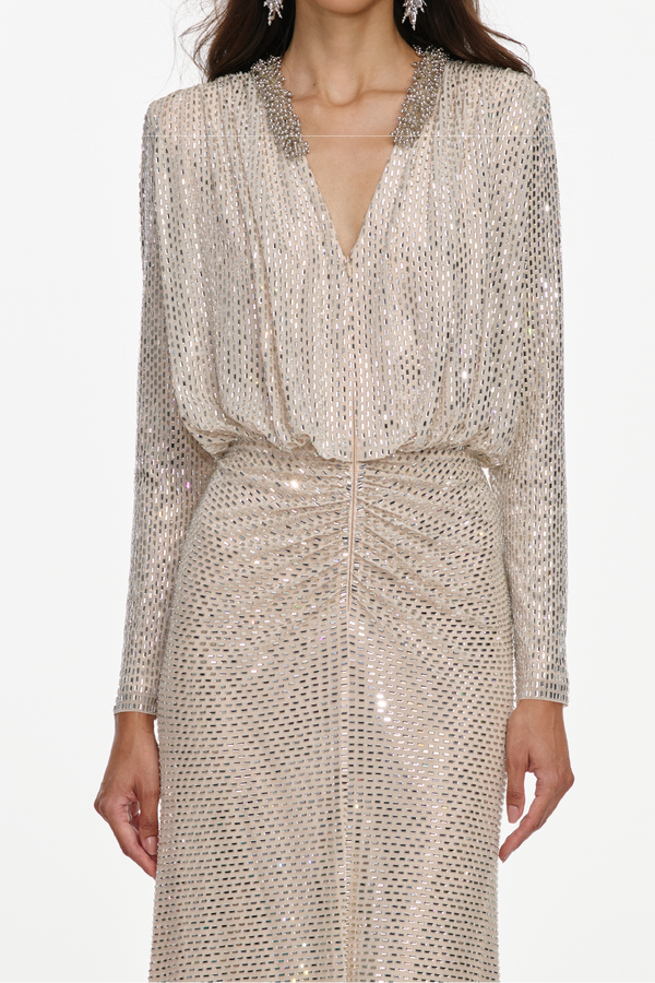 Champagne Rhinestone Embellished Maxi Dress
