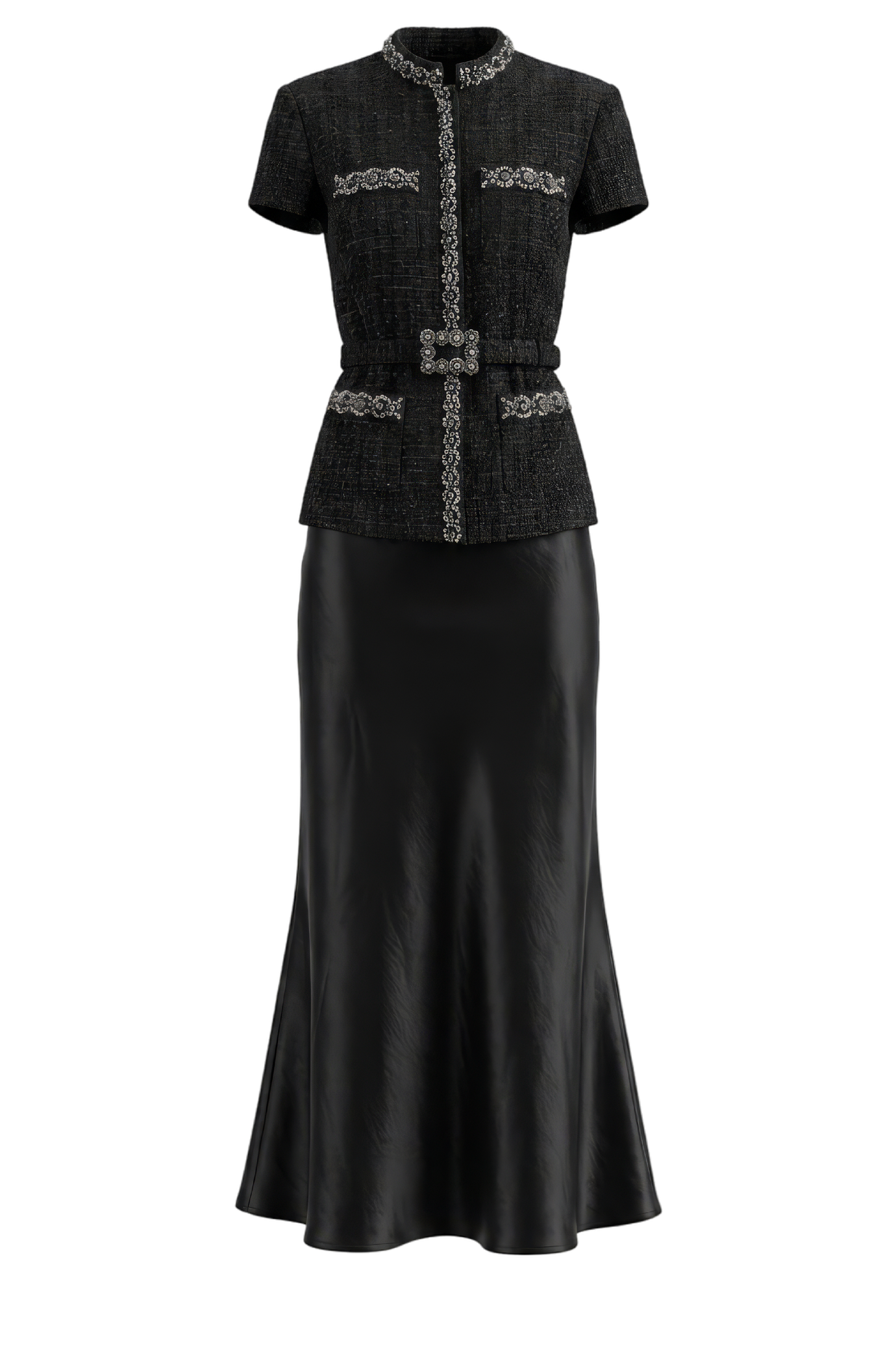 Black Boucle Crystal Trim Satin Midi Dress