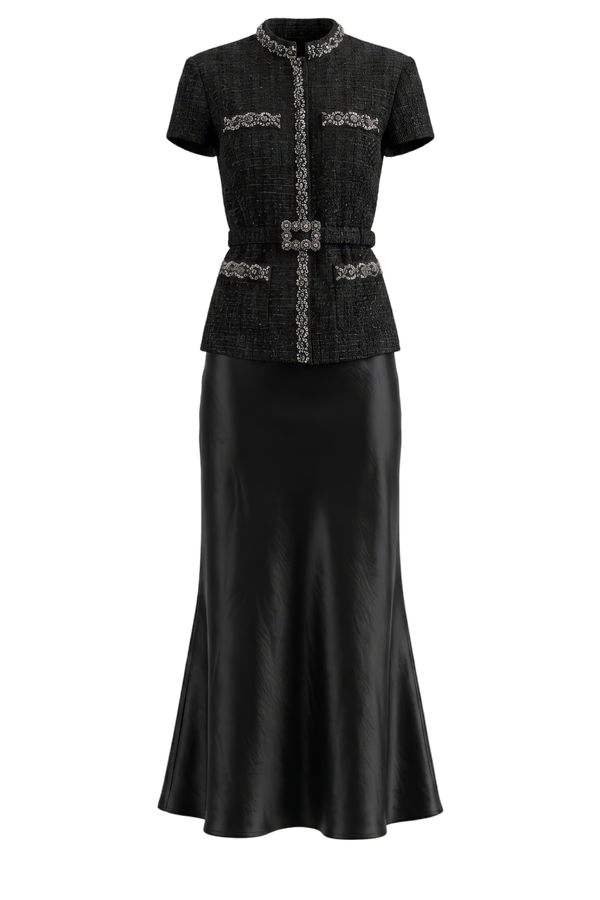 Black Boucle Crystal Trim Satin Midi Dress