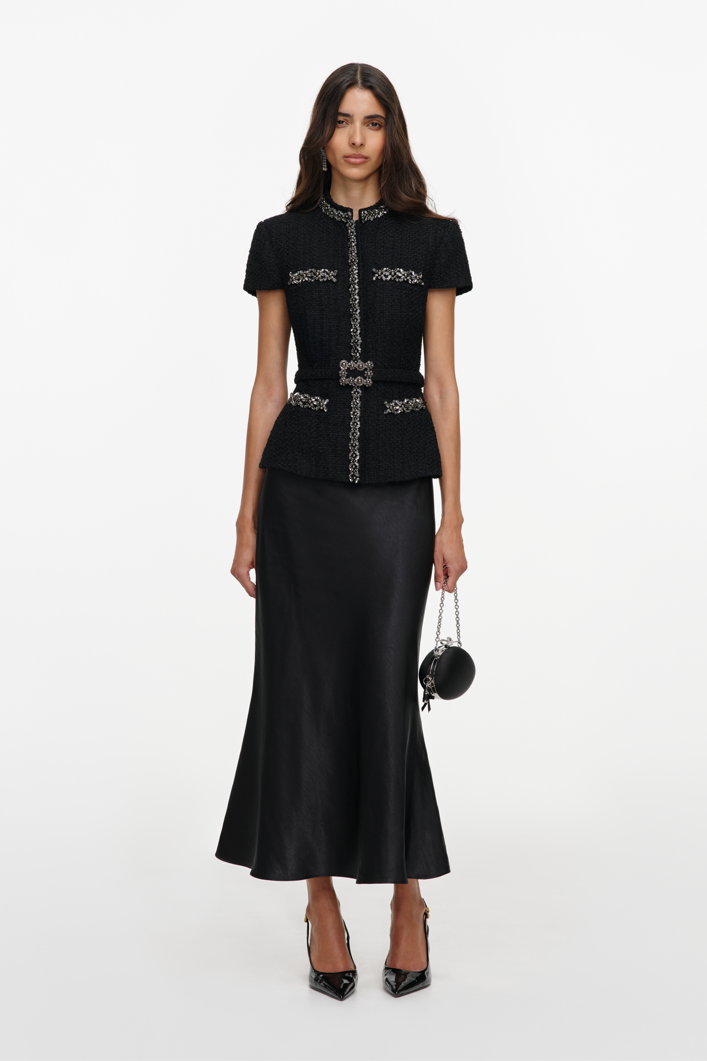 Black Boucle Crystal Trim Satin Midi Dress