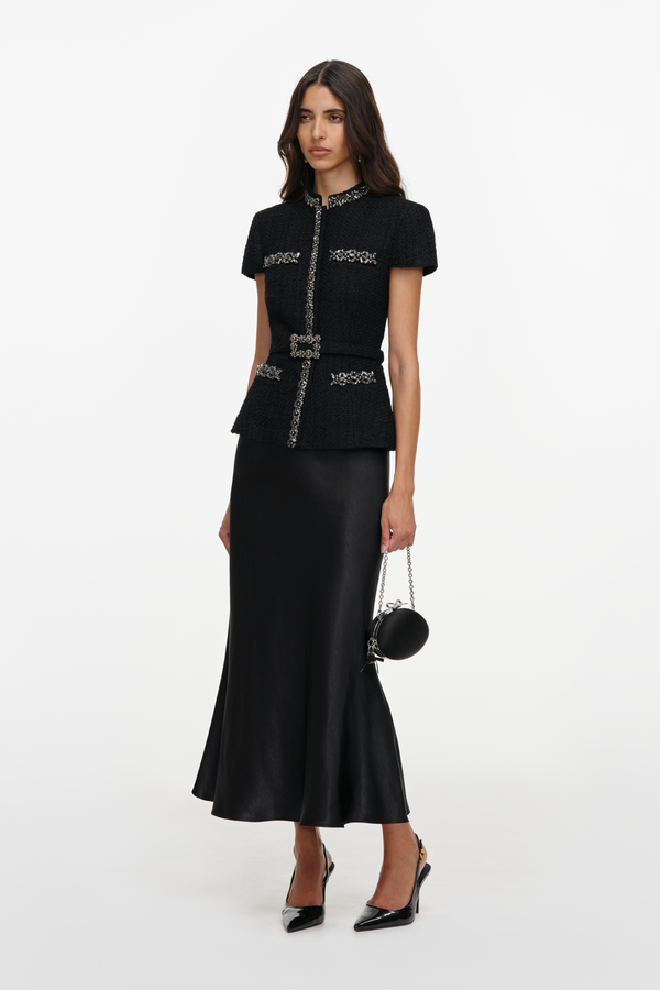 Black Boucle Crystal Trim Satin Midi Dress