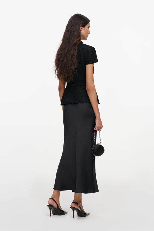 Black Boucle Crystal Trim Satin Midi Dress