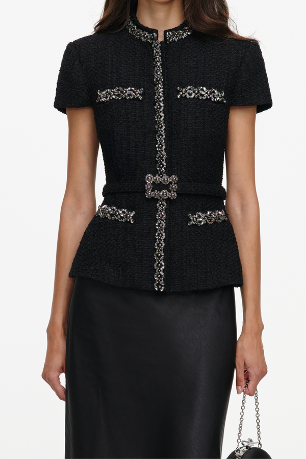Black Boucle Crystal Trim Satin Midi Dress
