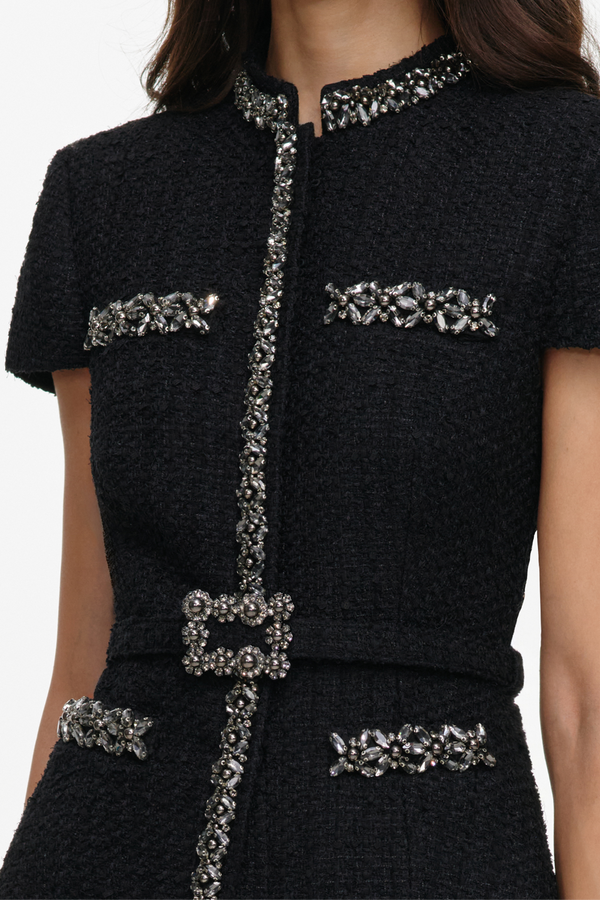 Black Boucle Crystal Trim Satin Midi Dress