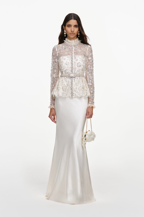Cream Sequin Embellished Satin Maxi Dress
