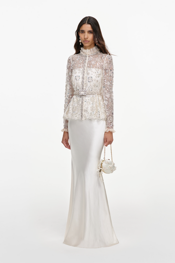 Cream Sequin Embellished Satin Maxi Dress