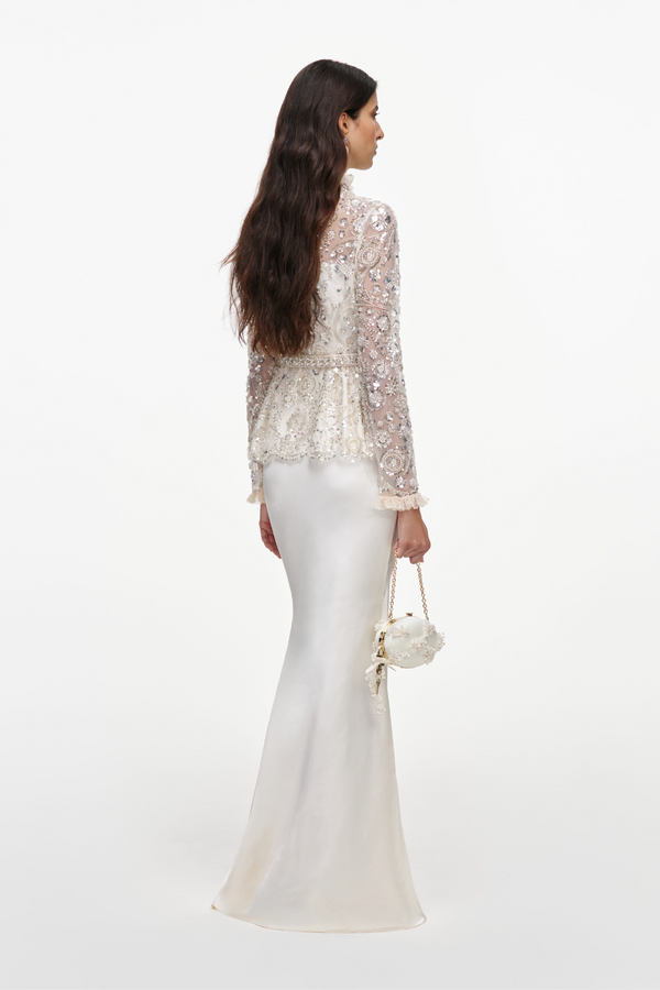 Cream Sequin Embellished Satin Maxi Dress