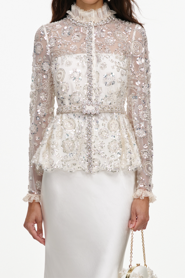 Cream Sequin Embellished Satin Maxi Dress