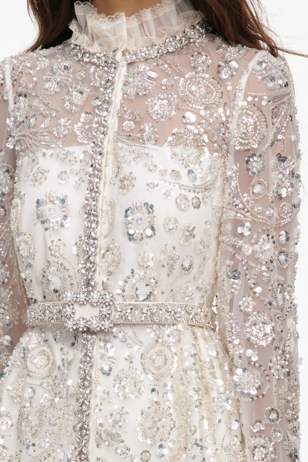 Cream Sequin Embellished Satin Maxi Dress