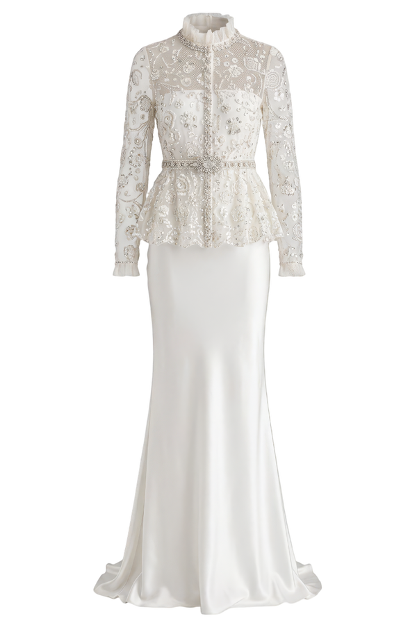 Cream Sequin Embellished Satin Maxi Dress