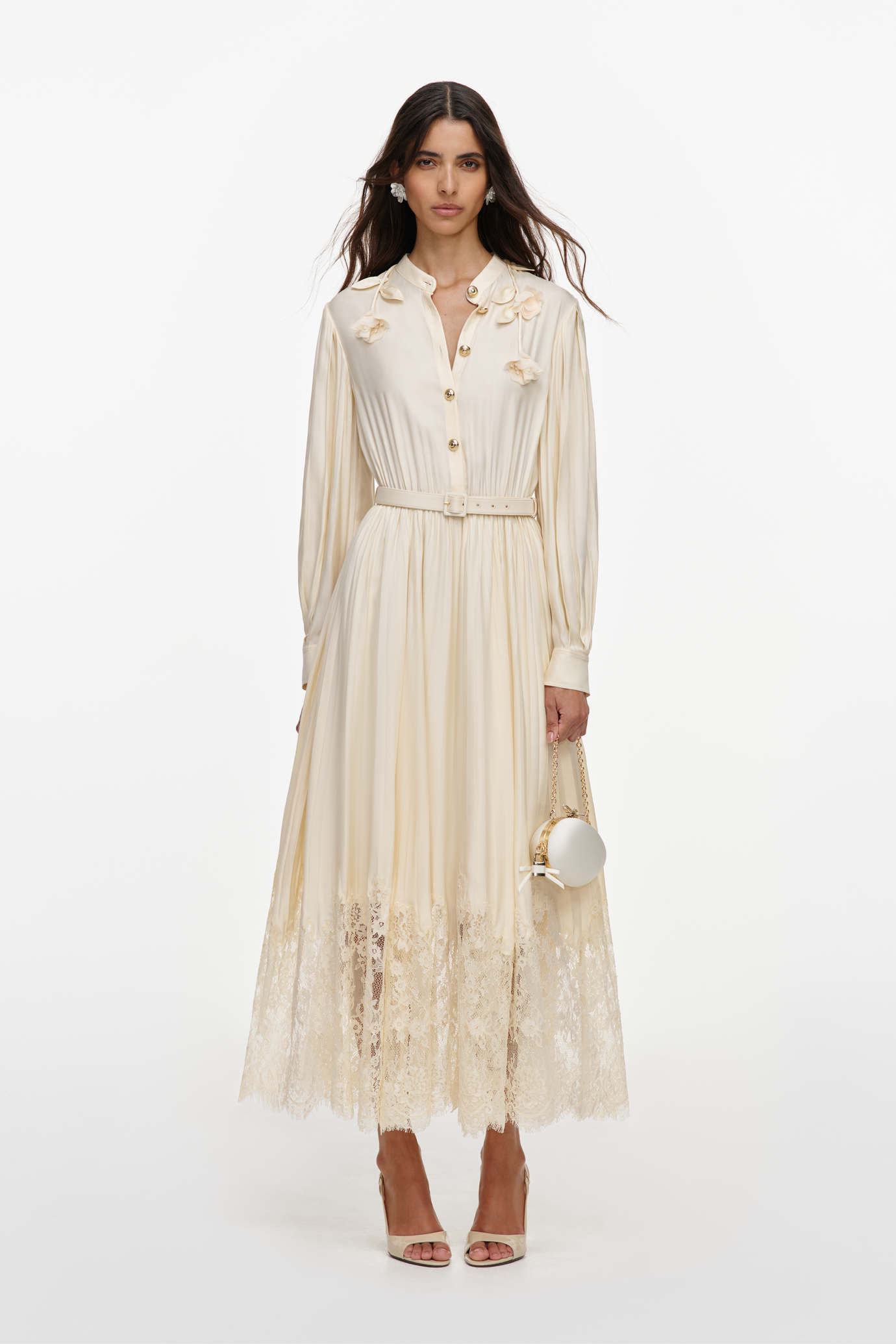 Yellow Lace Pleated Midi Dress