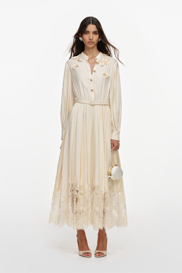 Yellow Lace Pleated Midi Dress