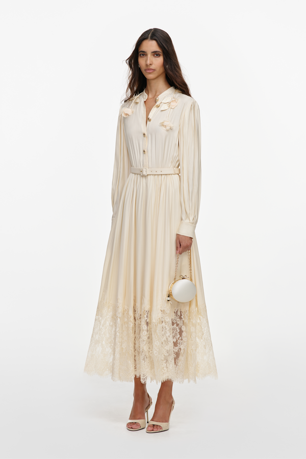 Yellow Lace Pleated Midi Dress