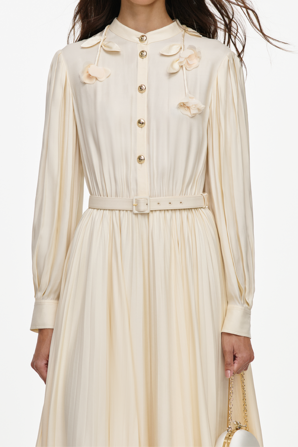 Yellow Lace Pleated Midi Dress