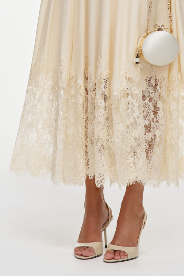 Yellow Lace Pleated Midi Dress
