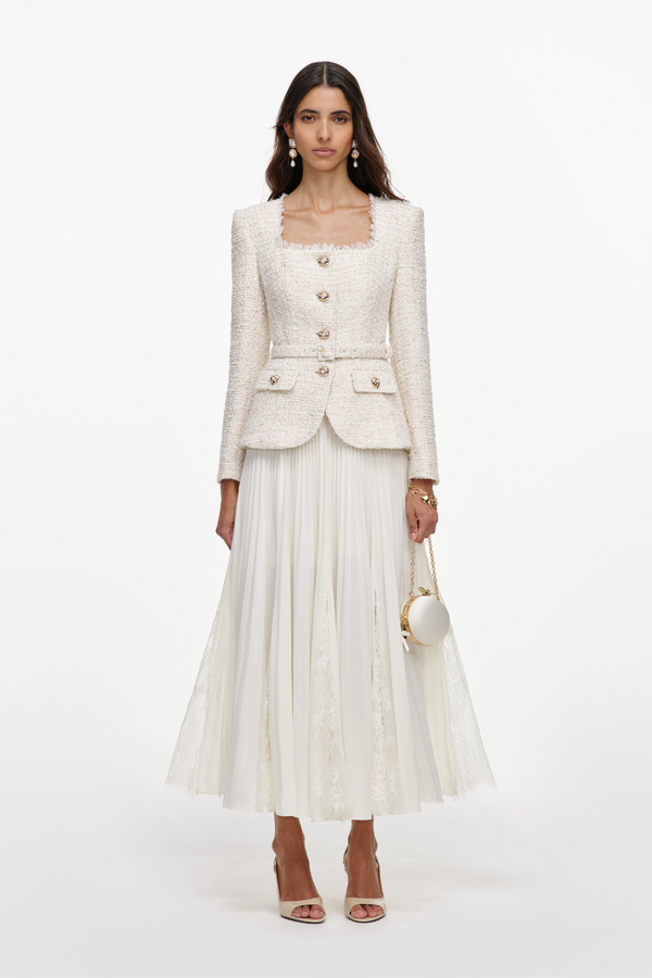 Cream Tailored Boucle And Chiffon Midi Dress