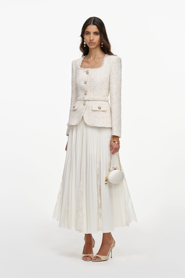 Cream Tailored Boucle And Chiffon Midi Dress