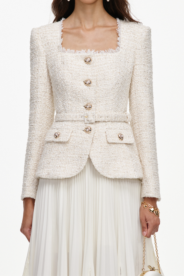Cream Tailored Boucle And Chiffon Midi Dress