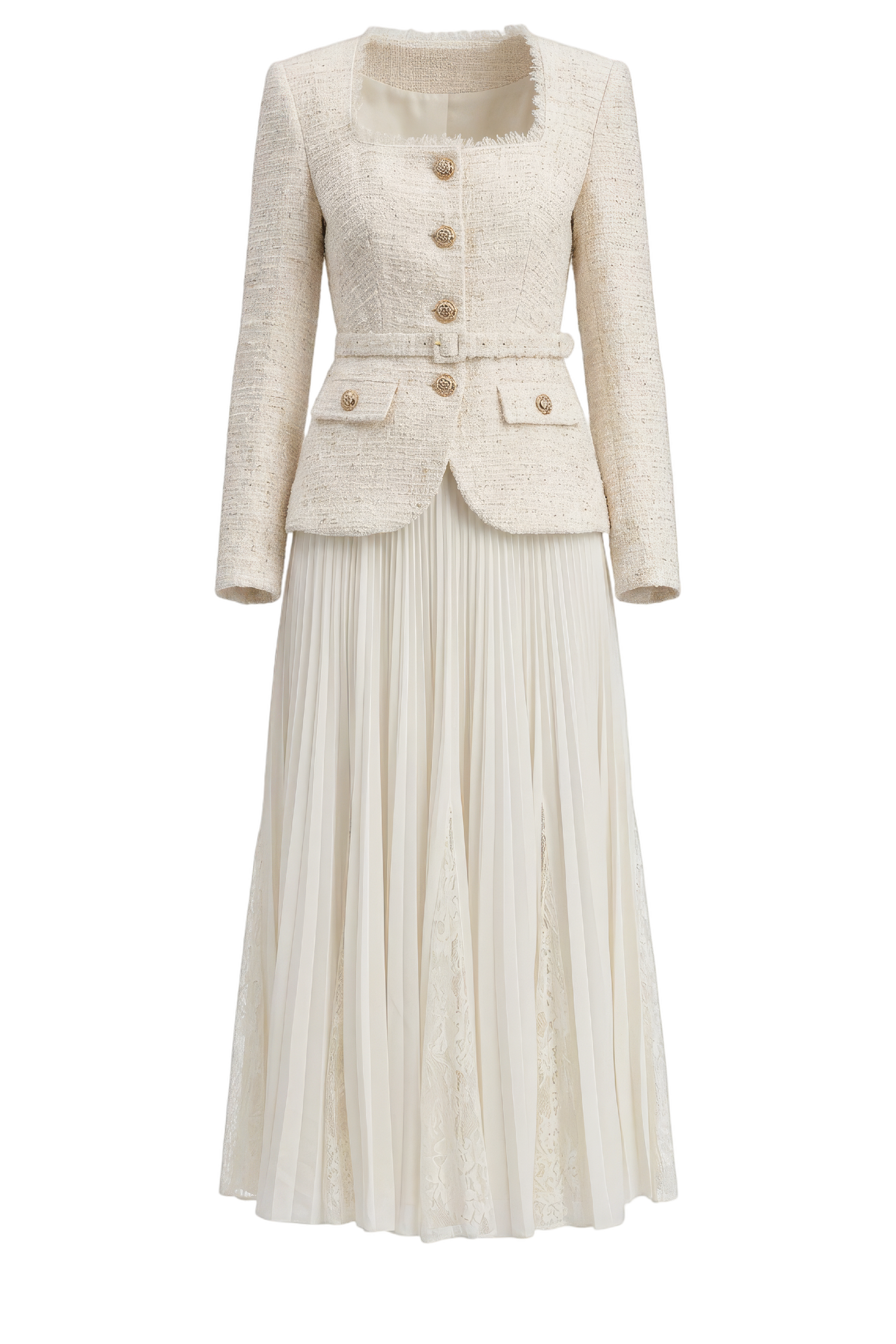 Cream Tailored Boucle And Chiffon Midi Dress