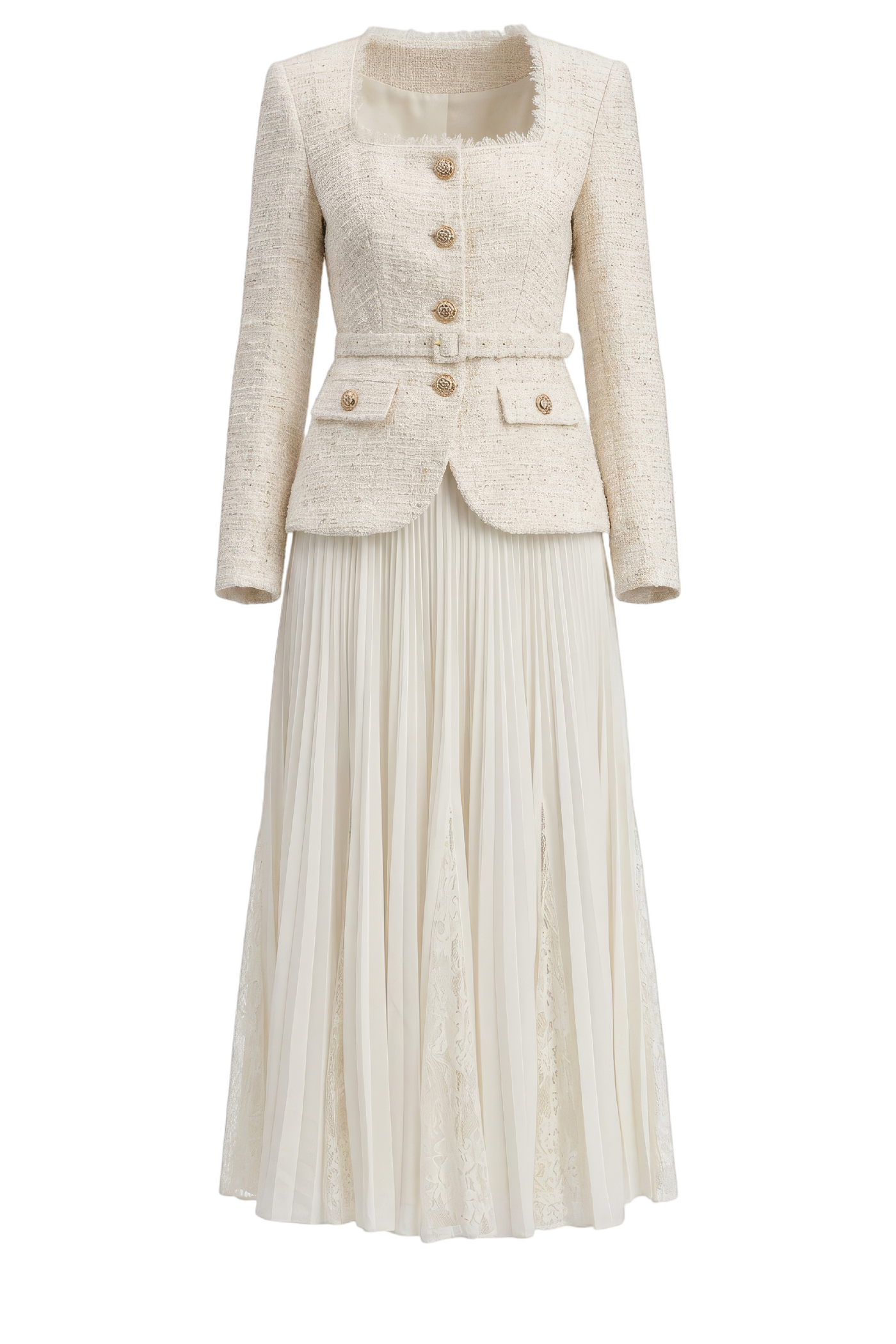 Cream Tailored Boucle And Chiffon Midi Dress