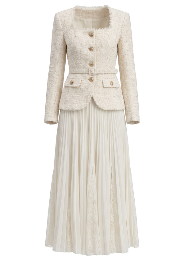 Cream Tailored Boucle And Chiffon Midi Dress