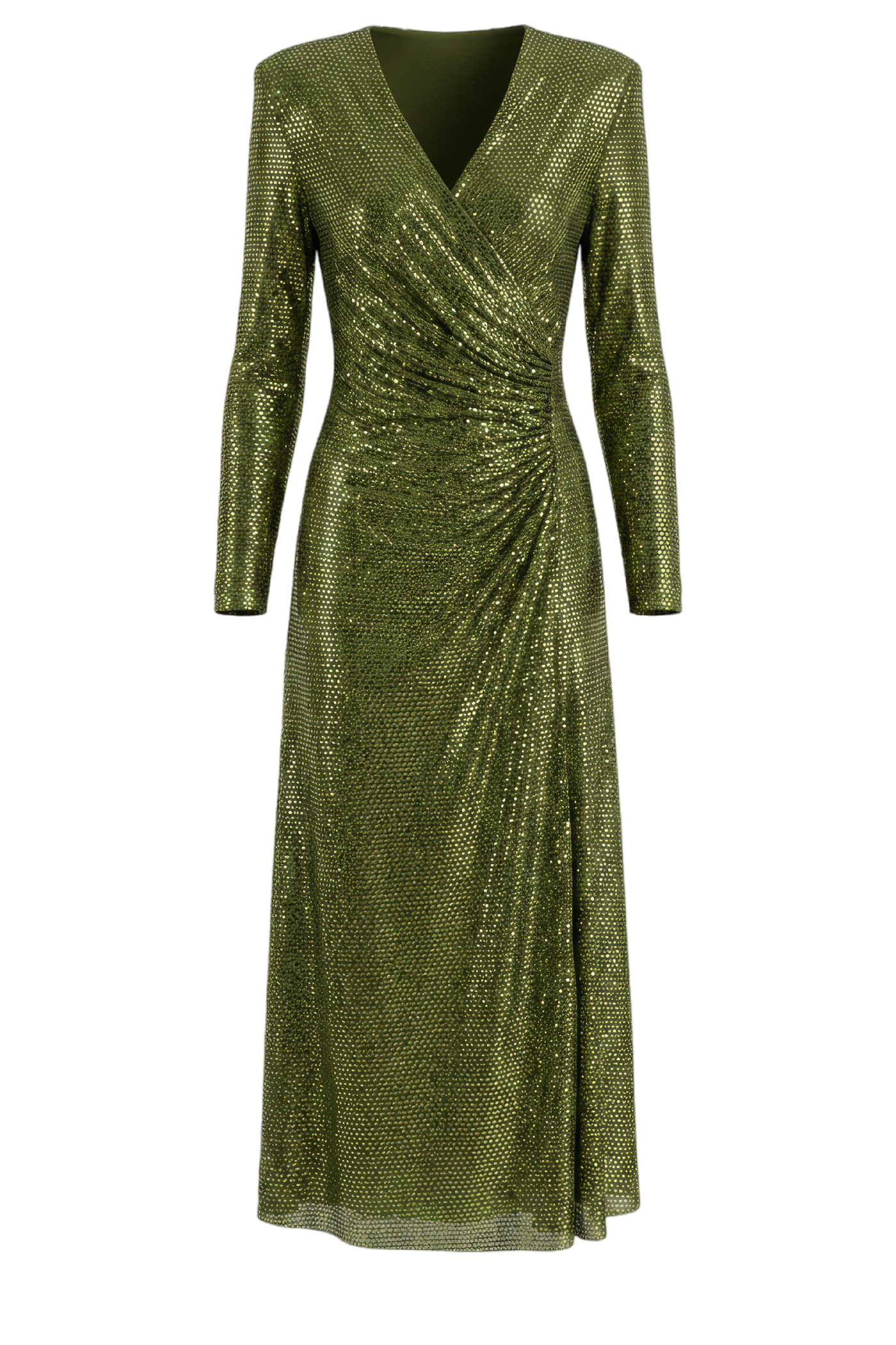 Olive Rhinestone Mesh Wrap Midi Dress