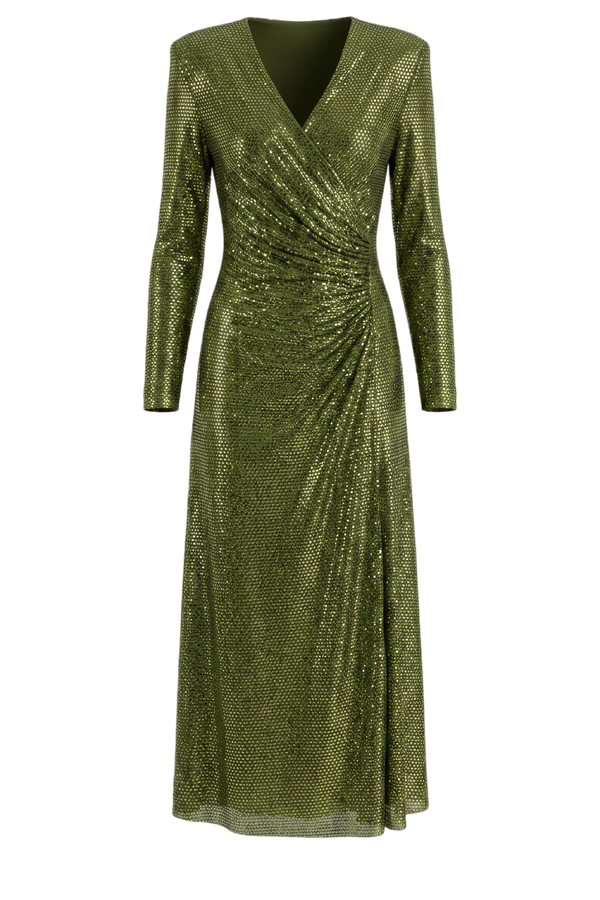 Olive Rhinestone Mesh Wrap Midi Dress