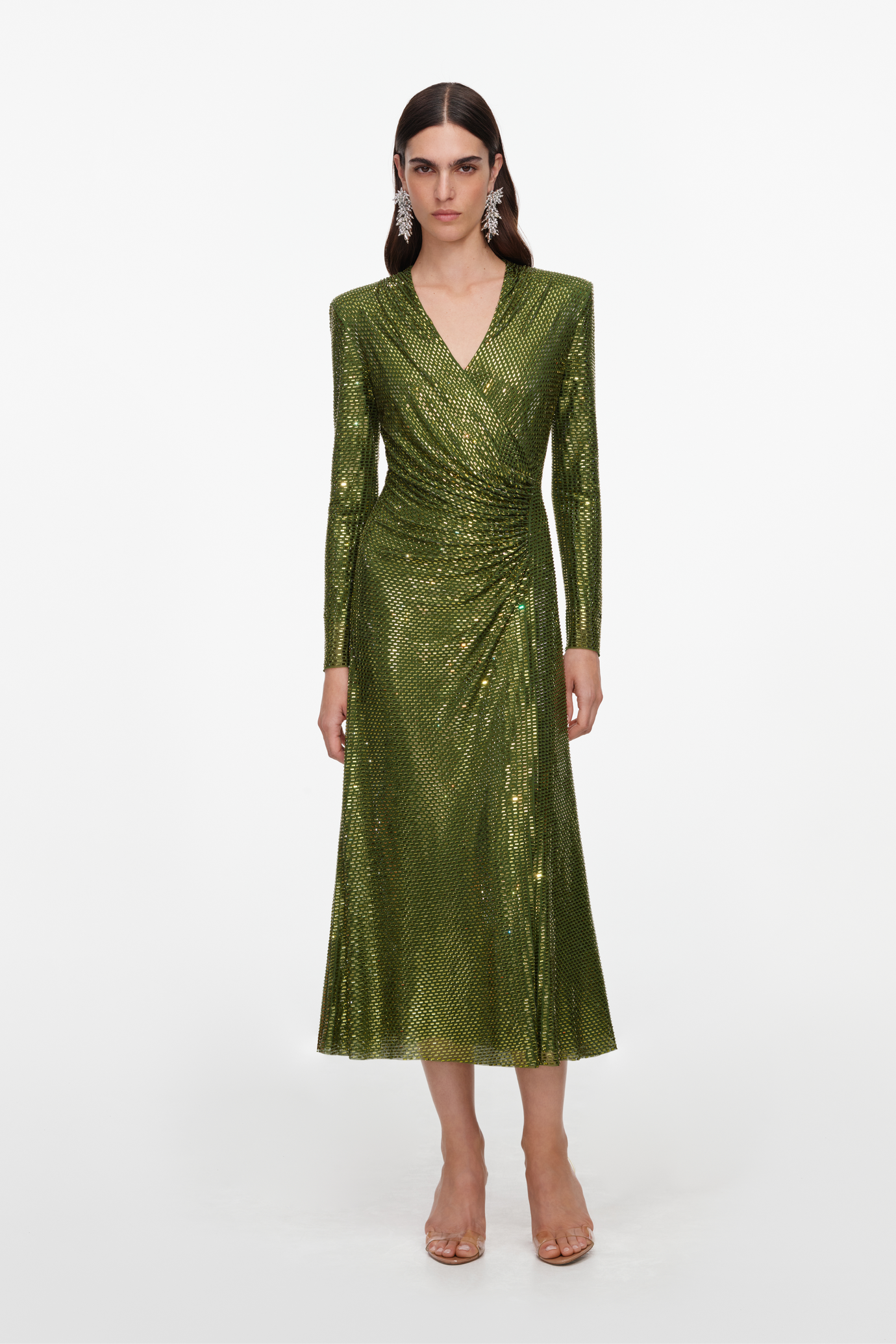 Olive Rhinestone Mesh Wrap Midi Dress