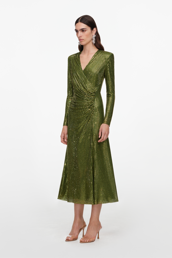 Olive Rhinestone Mesh Wrap Midi Dress