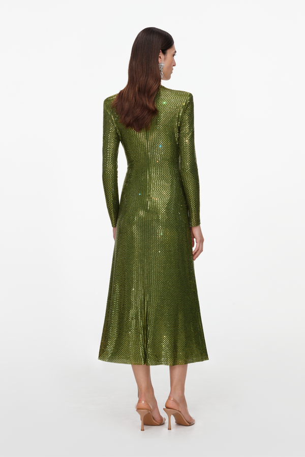 Olive Rhinestone Mesh Wrap Midi Dress