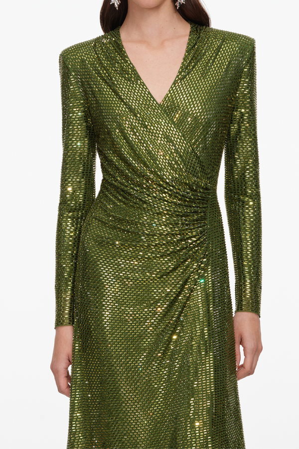 Olive Rhinestone Mesh Wrap Midi Dress