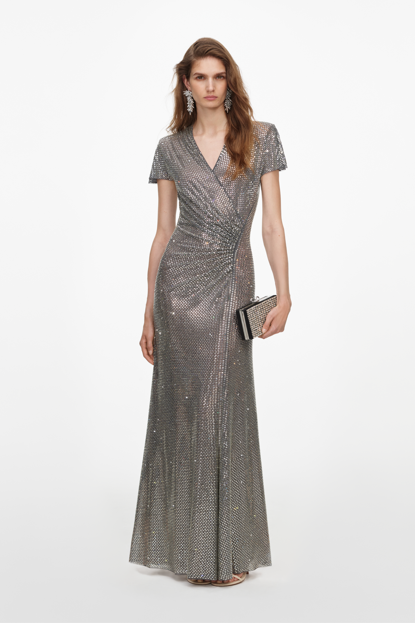 Grey Rhinestone Mesh Wrap Maxi Dress