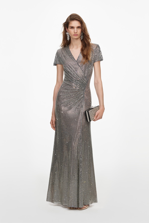 Grey Rhinestone Mesh Wrap Maxi Dress