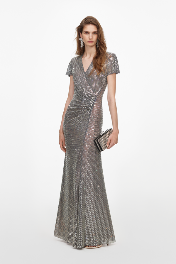 Grey Rhinestone Mesh Wrap Maxi Dress