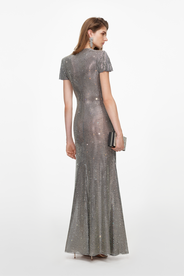 Grey Rhinestone Mesh Wrap Maxi Dress