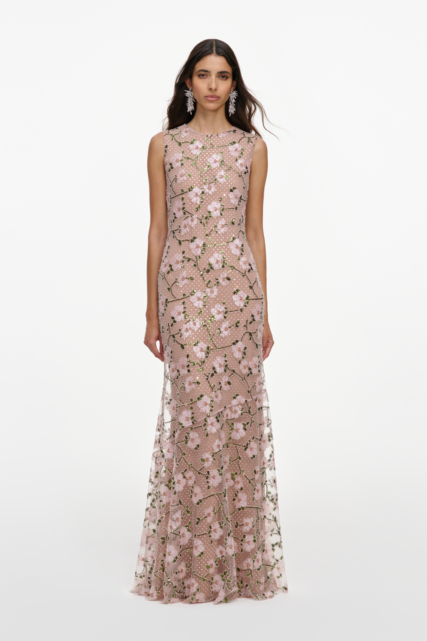 Pink Rhinestone Sequin Mesh Maxi Dress