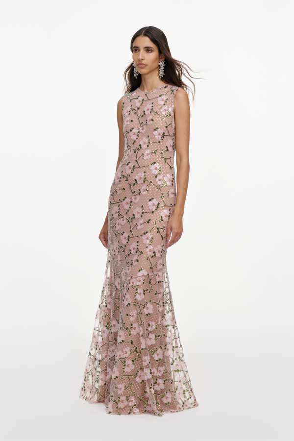 Pink Rhinestone Sequin Mesh Maxi Dress