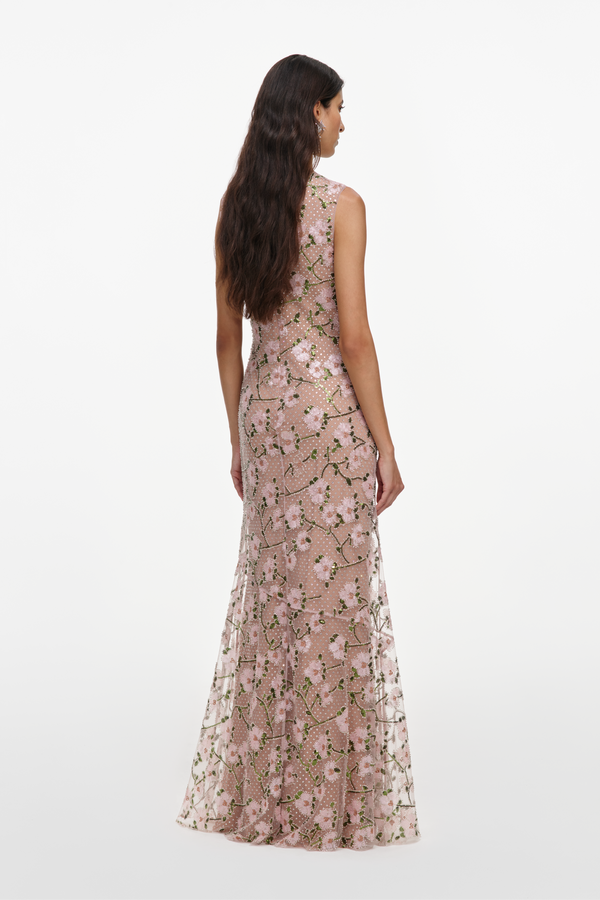 Pink Rhinestone Sequin Mesh Maxi Dress