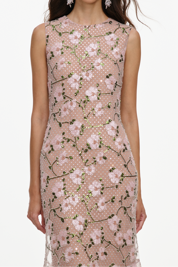 Pink Rhinestone Sequin Mesh Maxi Dress