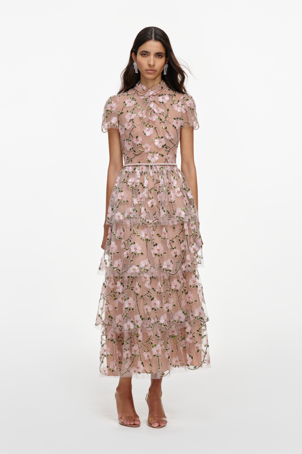 Pink Sequin Embellished Tiered Midi Dress