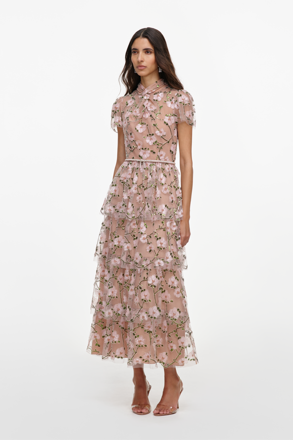 Pink Sequin Embellished Tiered Midi Dress